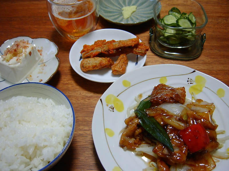カリッと豚肉と夏野菜の甘辛炒め