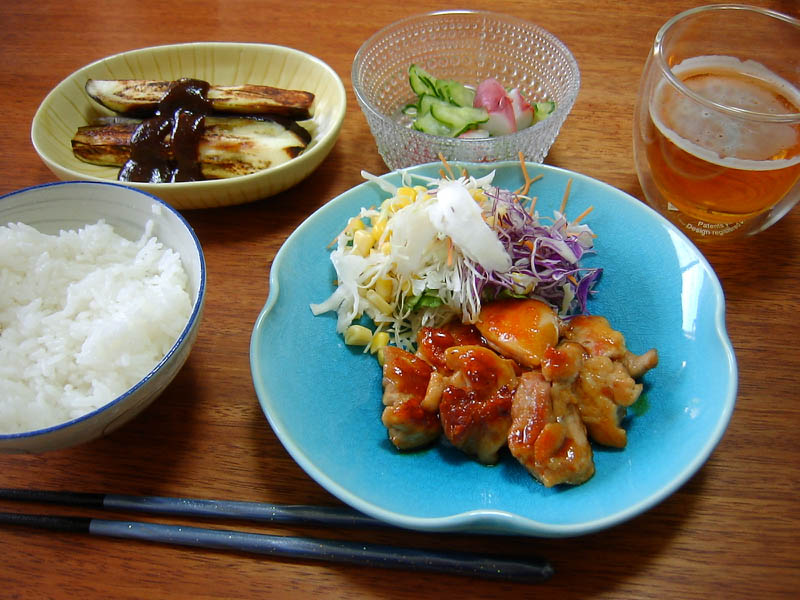 鶏肉の照り焼きとナスの田楽