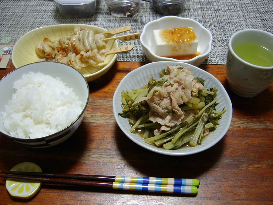 豚肉と水菜のハリハリ煮と鶏皮の炭火焼